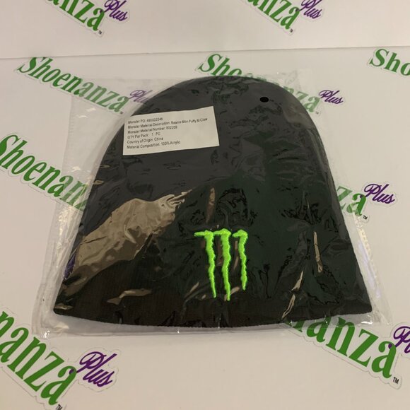 Monster Energy Beanie Hat Boggin Cap Puffy M Claw Logo Green Black OSFM - Picture 5 of 6